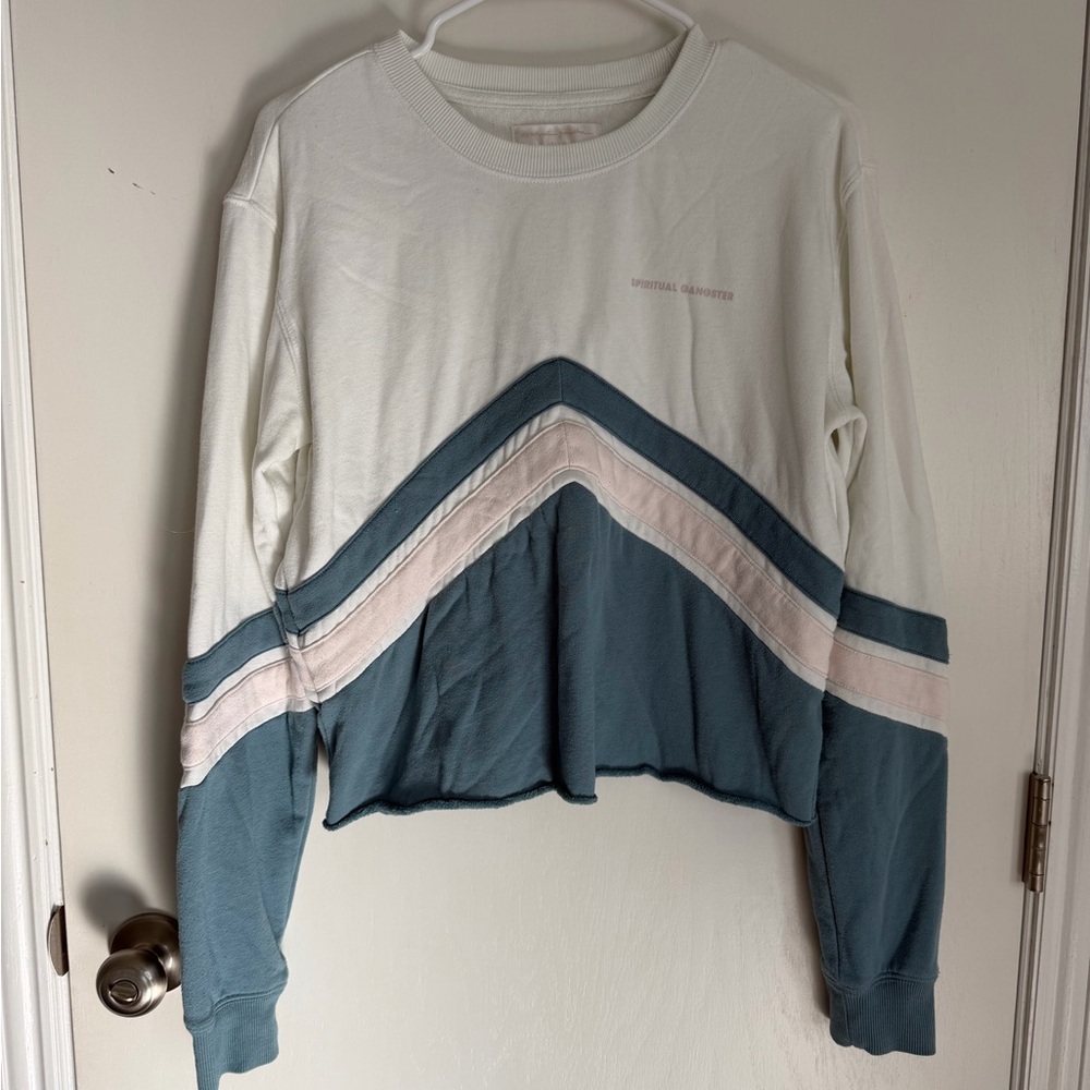 Spiritual Gangster White and Teal Crew Neck Sweater